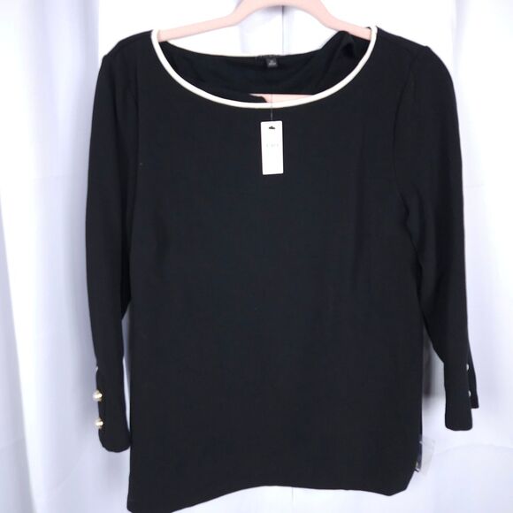 NWT Talbots Womens Medium Black Crewneck Pearl Button Sleeve Business Top Blouse - Picture 1 of 7